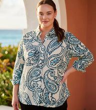 Plus Size Ruched Sleeve Button- Up Shirt