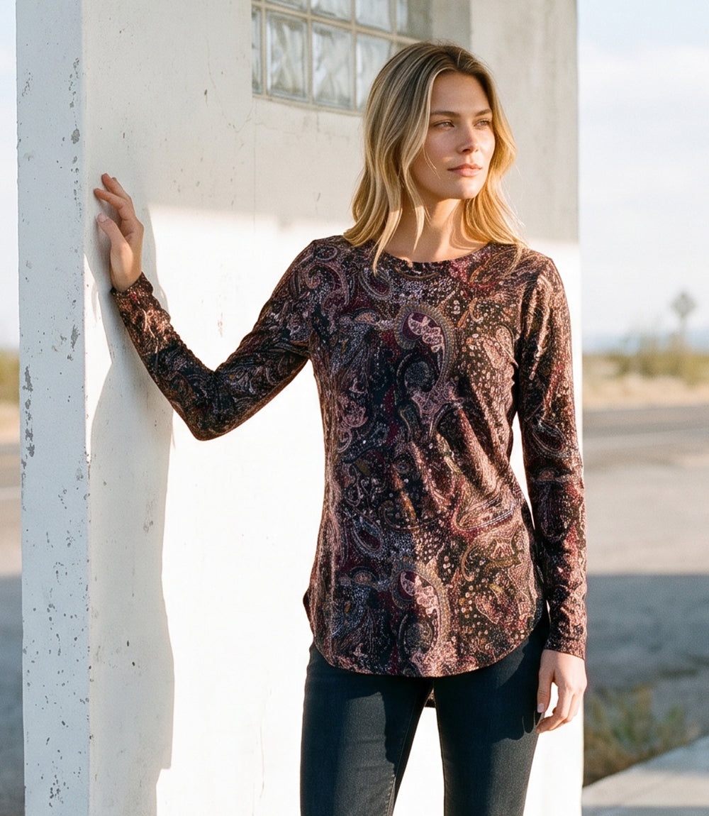 Long Sleeve Velvet Burnout Shirttail Top
