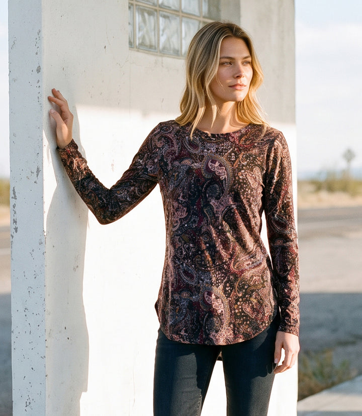 Long Sleeve Velvet Burnout Shirttail Top