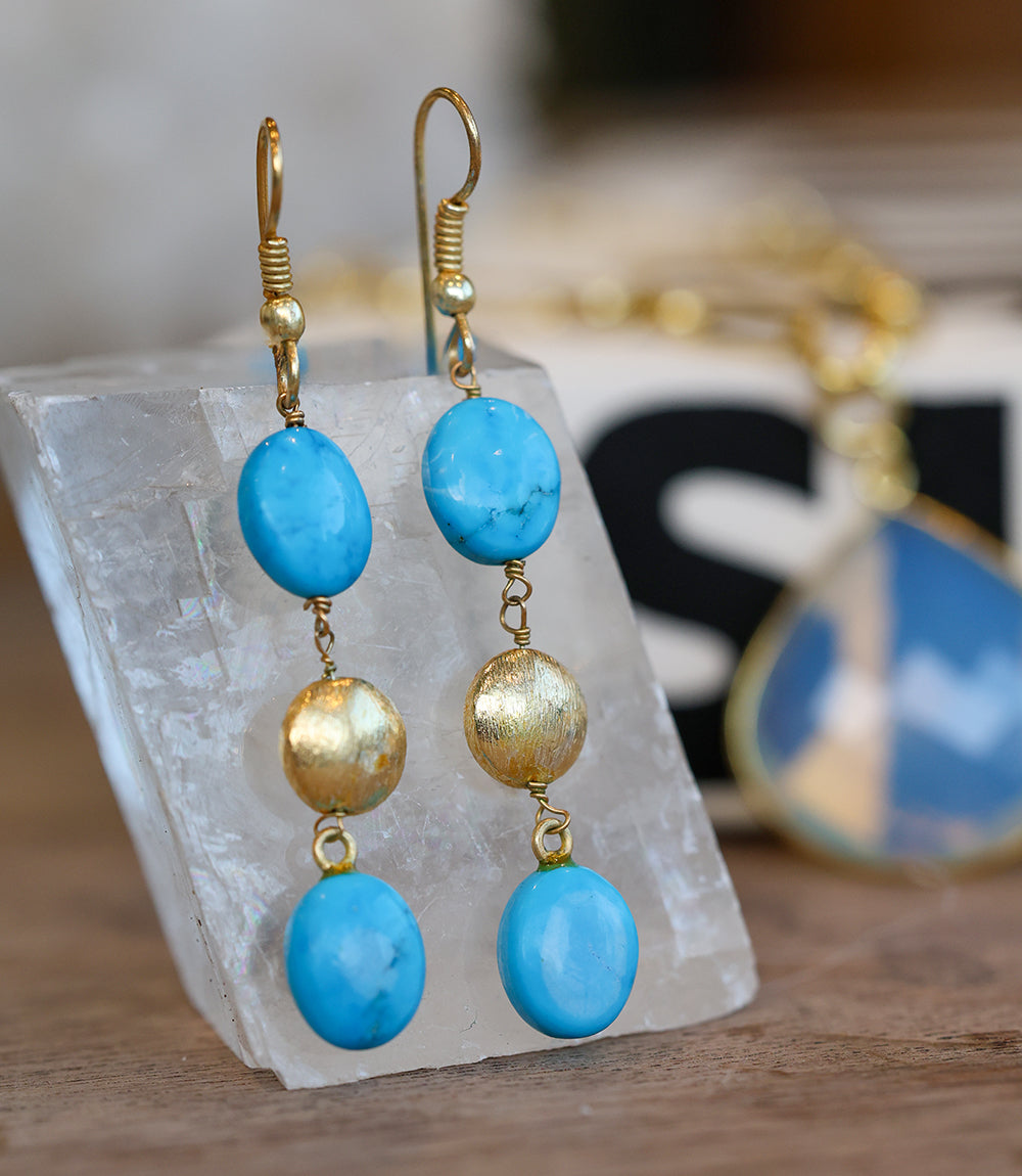 Turquoise And Gold Triple Drop Earrings