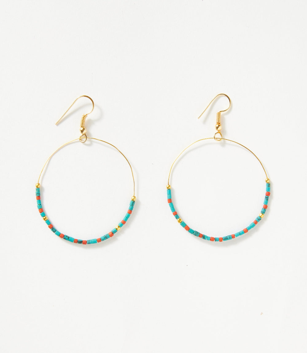 Turquoise And Red Coral Hoop Earrings