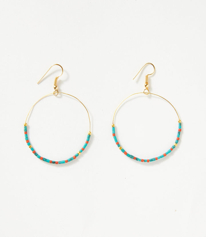 Turquoise And Red Coral Hoop Earrings