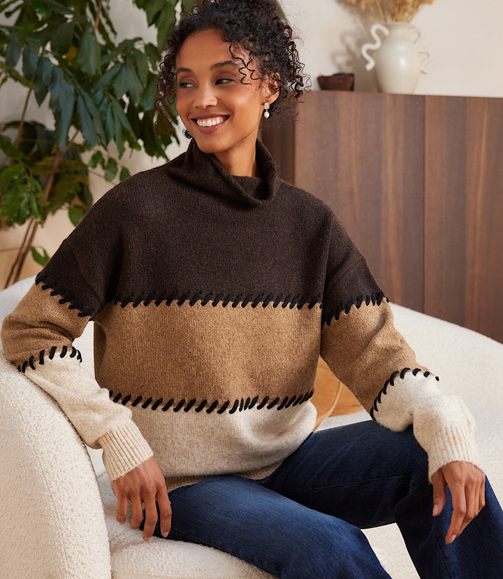 Petite Size Contrast Stitch Mock Neck Colorblock Sweater