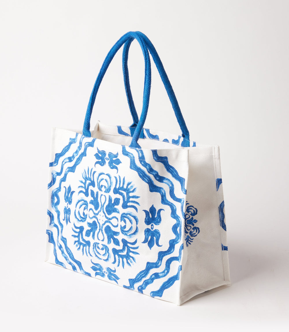 Square Blue Tile Block Print Tote Bag