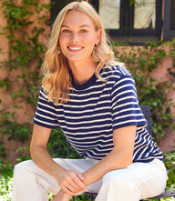 Petite size stripe short sleeve top with horizontal stripes and crew neck in soft cotton jersey
