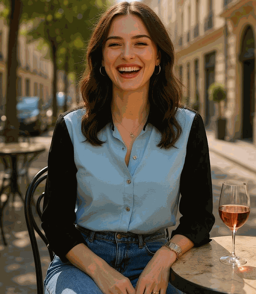 Woman wearing long sleeve satin colorblock shirt with black sleeves and light blue front sitting at outdoor café table