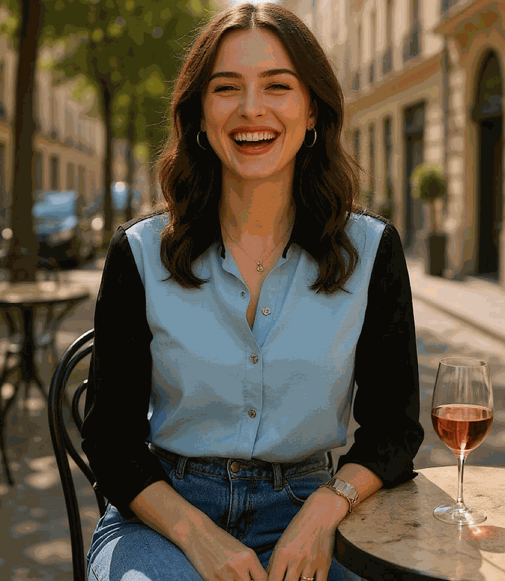 Woman wearing long sleeve satin colorblock shirt with black sleeves and light blue front sitting at outdoor café table
