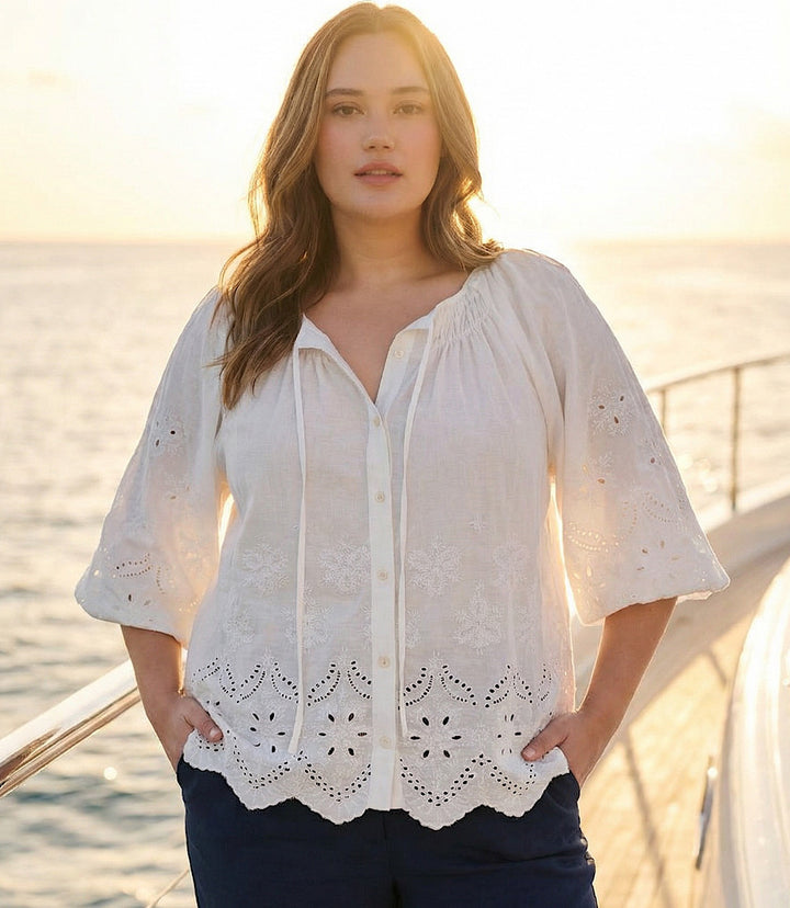 Plus Size Puff Sleeve Embroidered Top