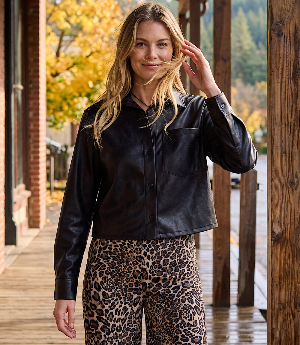Faux Leather Long Sleeve Button-Up Shirt