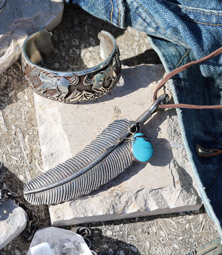 Leather Cord Feather Kingman Turquoise Necklace
