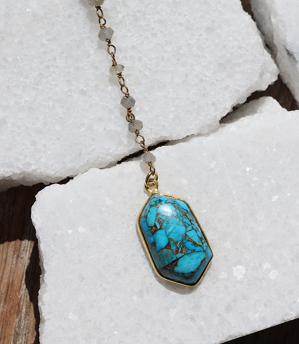 Beaded turquoise pendant necklace with 14K gold vermeil and cubic zirconia beads on a delicate strand