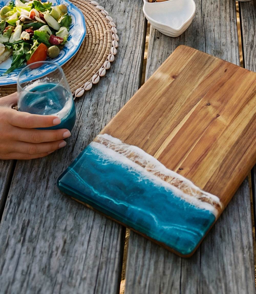 Ocean Waves Wooden Serving Tray - Unique Handcrafted Acacia