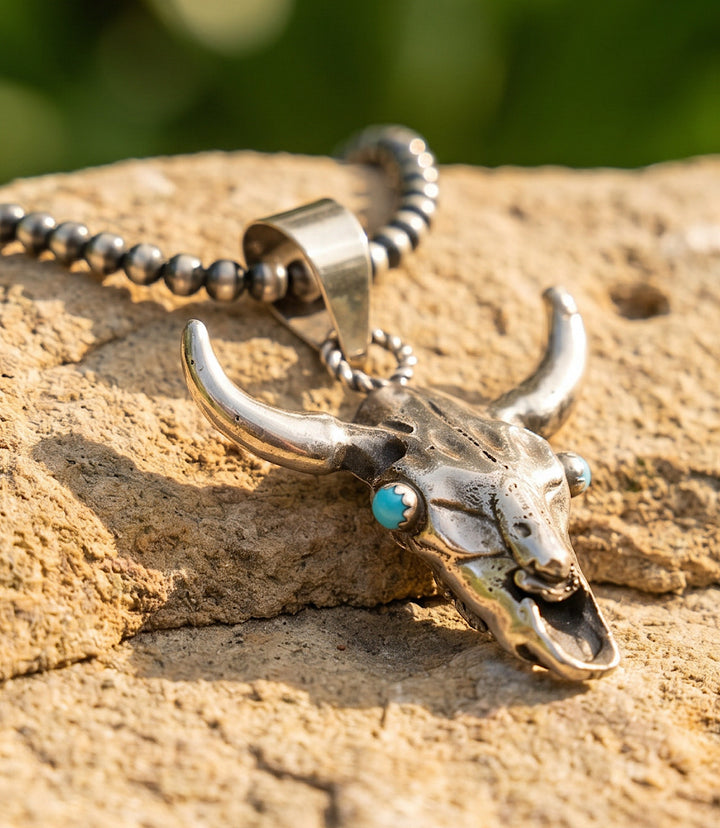 Sterling Silver Turquoise Bull Skull Necklace