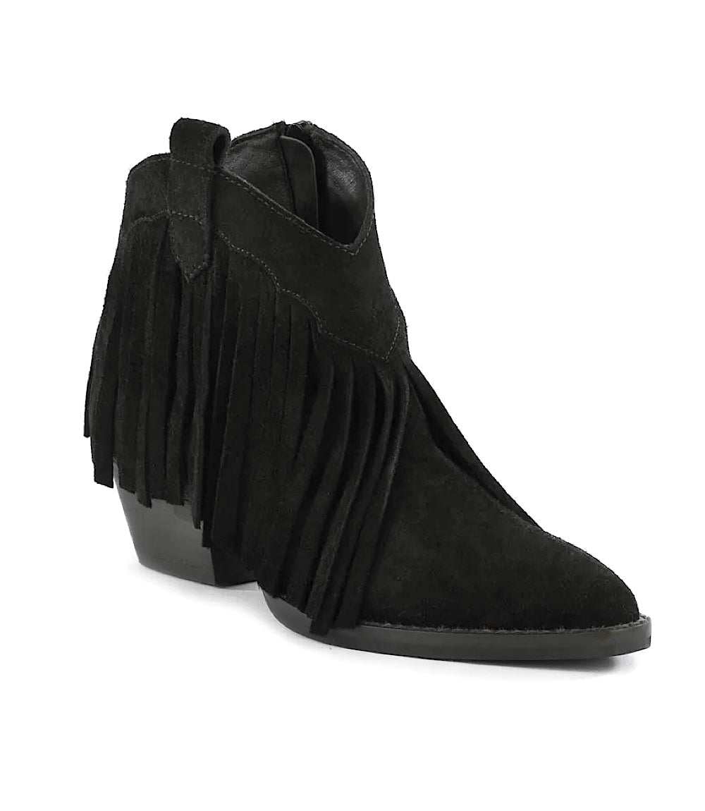 Black suede Seychelles Easy Come Easy Go ankle booties with side fringe, pointed toe, and low block heel