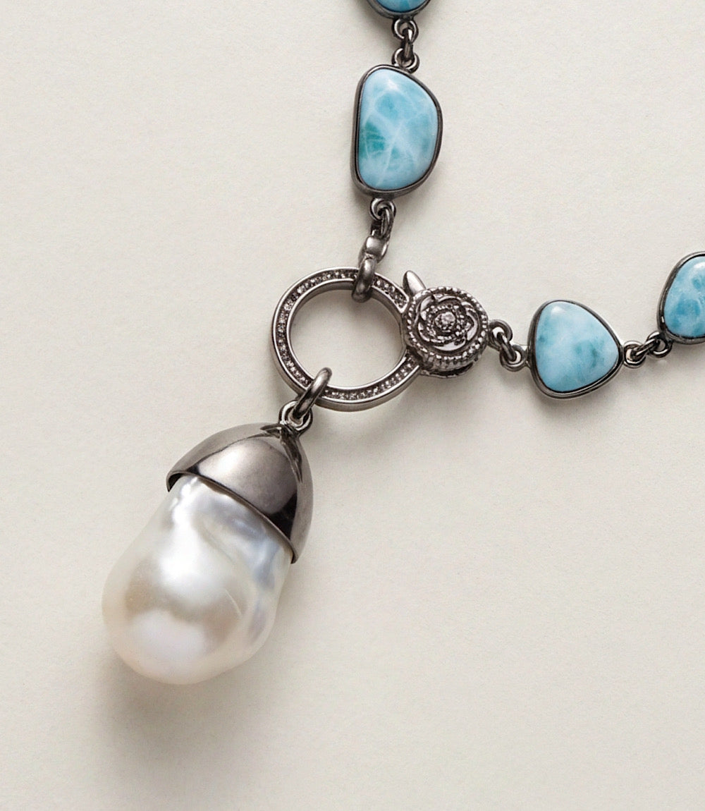 Larimar Bezeled Necklace With Pearl Pendant
