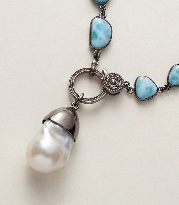 Larimar Bezeled Necklace With Pearl Pendant