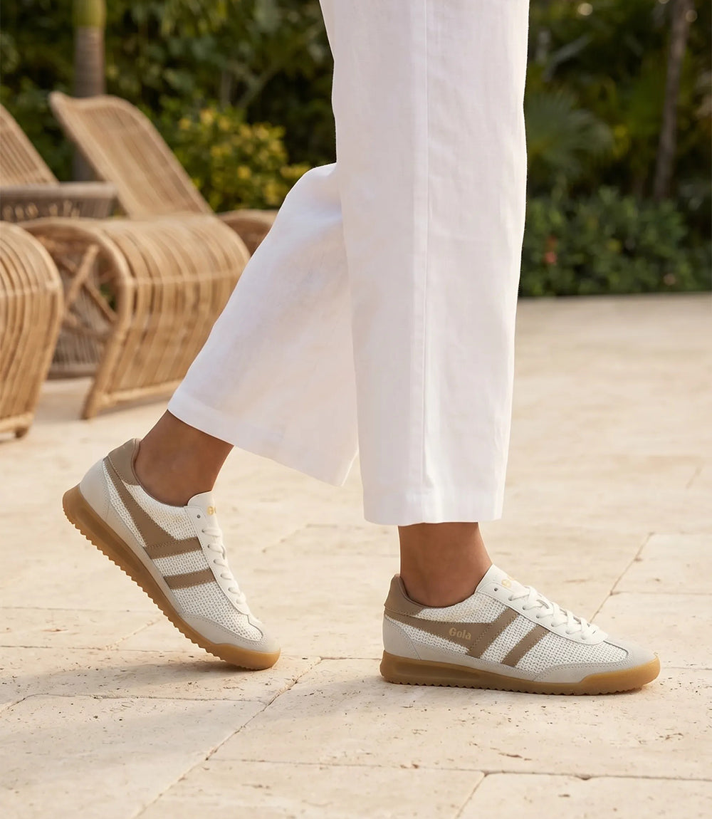 Gola Tornado Zephyr Sneakers off white breathable crochet upper with caramel accents and gum wedge sole