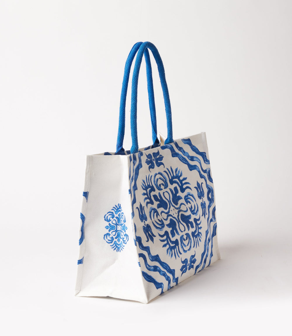 Square Blue Tile Block Print Tote Bag
