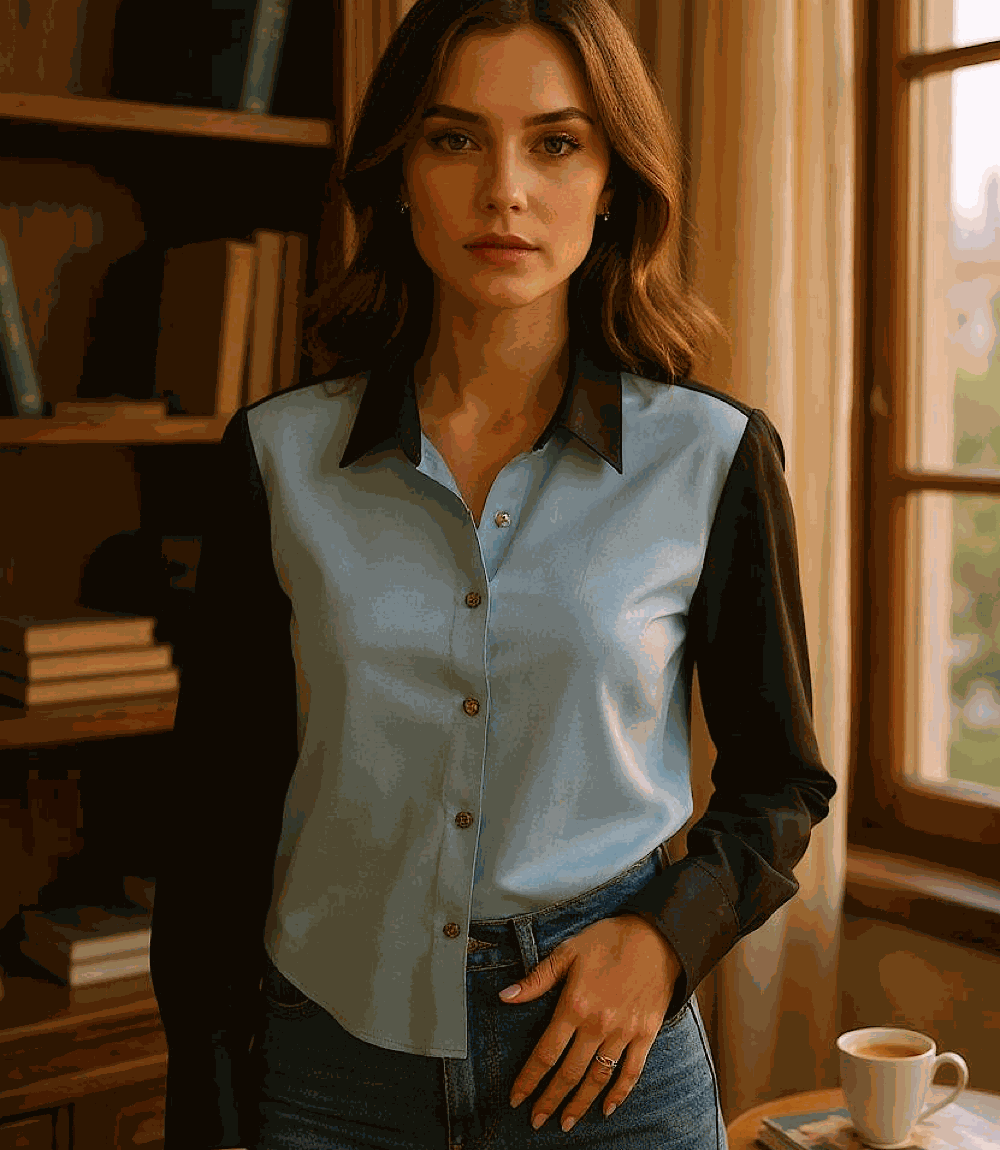 Long Sleeve Satin Colorblock Shirt