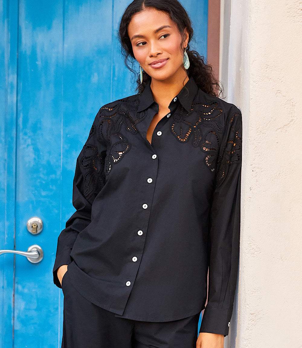 Long Sleeve Cutout Embroidery Shirt