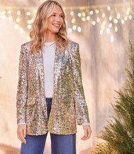 Shimmering tailored sequin blazer with notch collar and front flap pockets for elegant style