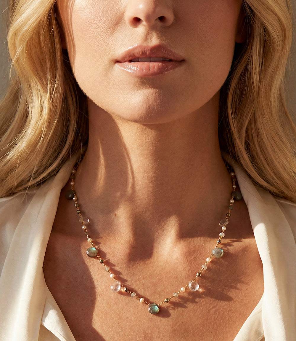 Beaded gemstone necklace with labradorite, clear quartz, pyrite on 14K gold plated brass chain, adjustable length