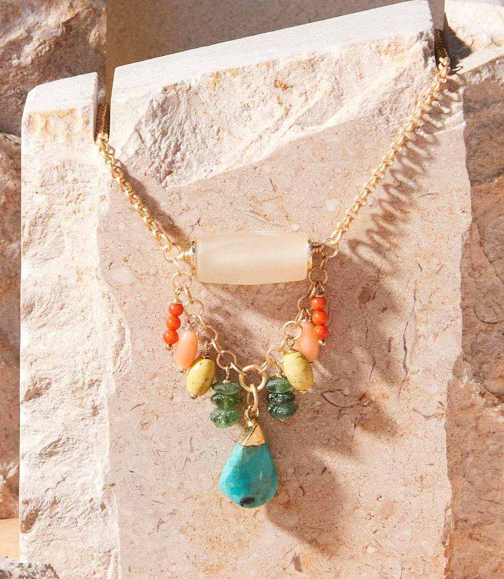 Turquoise charm cluster necklace with natural gemstones and matte gold plated brass accents