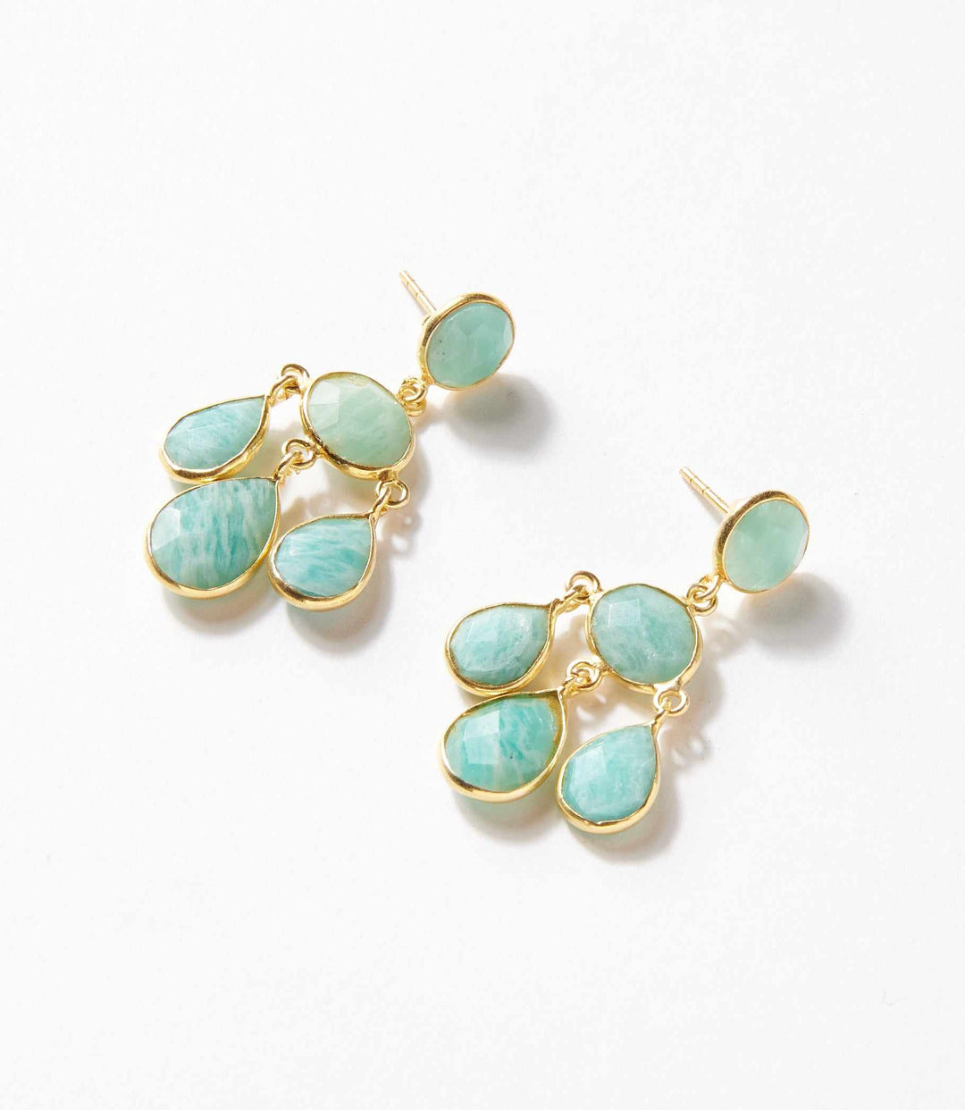 Gemstone chandelier earrings with faceted turquoise amazonite stones in gold setting