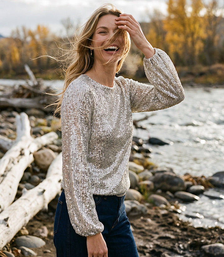 Sequin Blouson Sleeve Boatneck Top