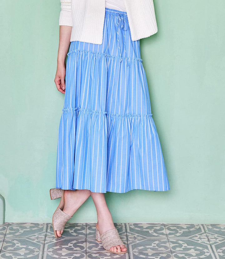 Blue Stripe Tiered Midi Skirt with drawstring waist and side pockets, cotton fabric