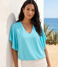 Petite size flutter sleeve V-neck top in lightweight silky crepe with elastic waist and flutter sleeves