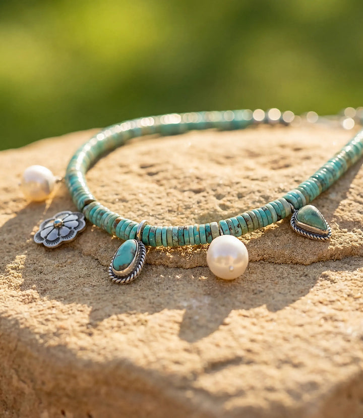 Vintage Turquoise And Pearl Charm Beaded Necklace