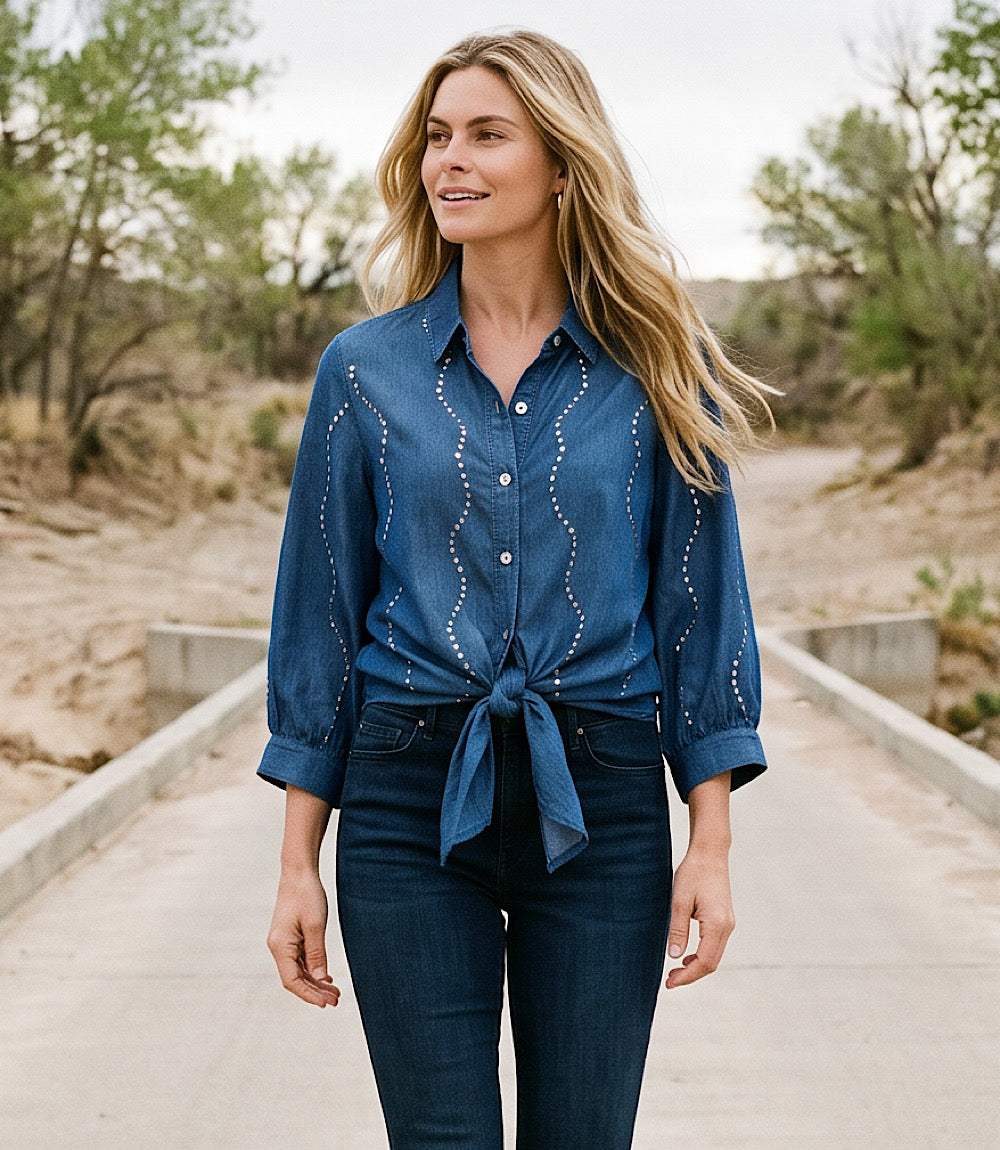 Blouson Sleeve Gemstone Denim Shirt