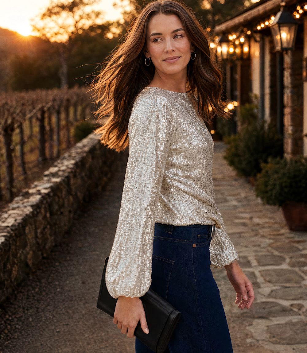 Sequin Blouson Sleeve Boatneck Top
