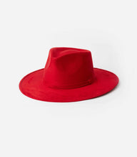 Red vegan suede rancher hat with teardrop crown and flat brim