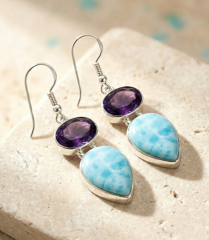 Larimar And Amethyst Drop Earrings