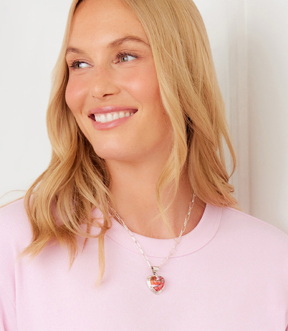 Pink Dahlia Stone Heart Necklace
