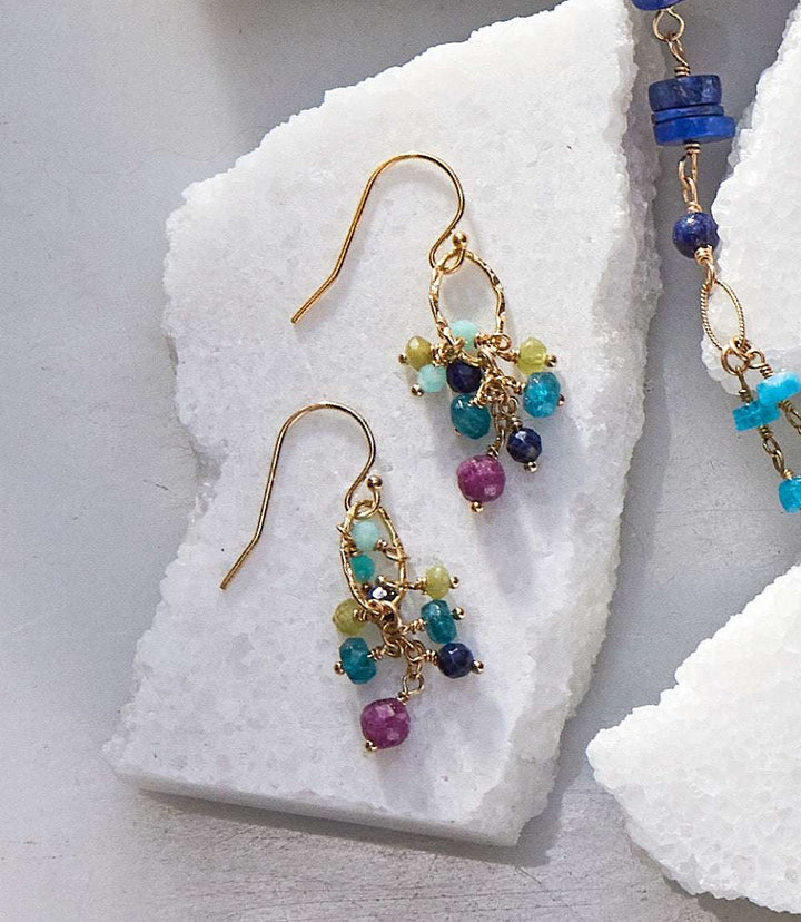 Aurora Cluster Earrings with ruby, lapis lazuli, and apatite gemstones in gold-filled setting