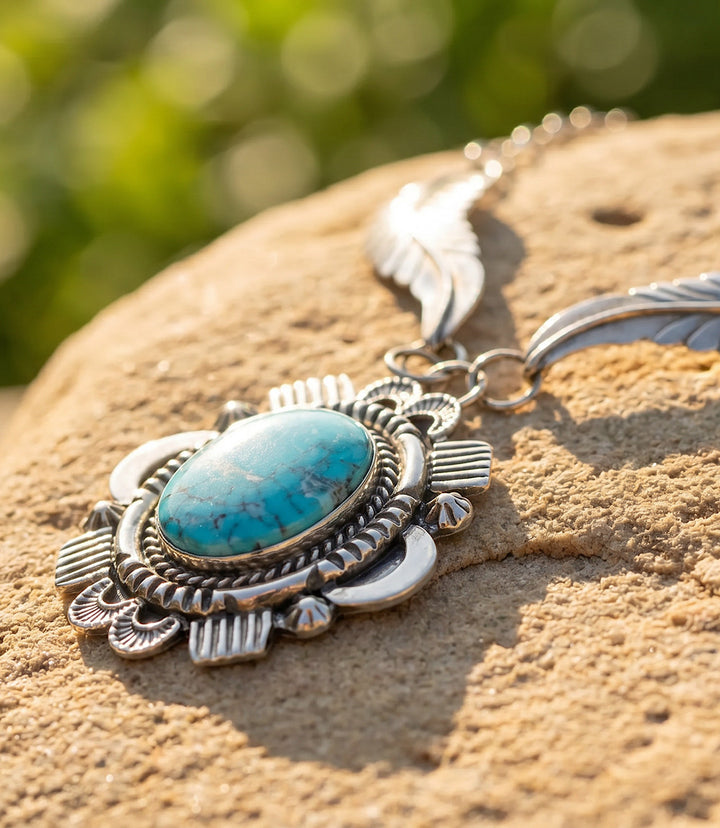 Silver Feather Turquoise Pendant Necklace