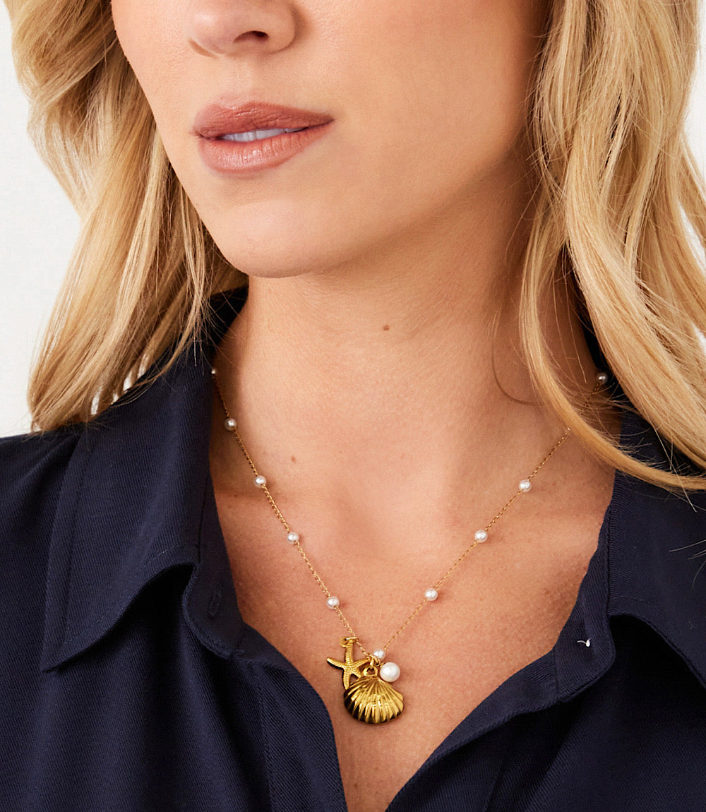 Pearl Beaded Ocean Charm Necklace