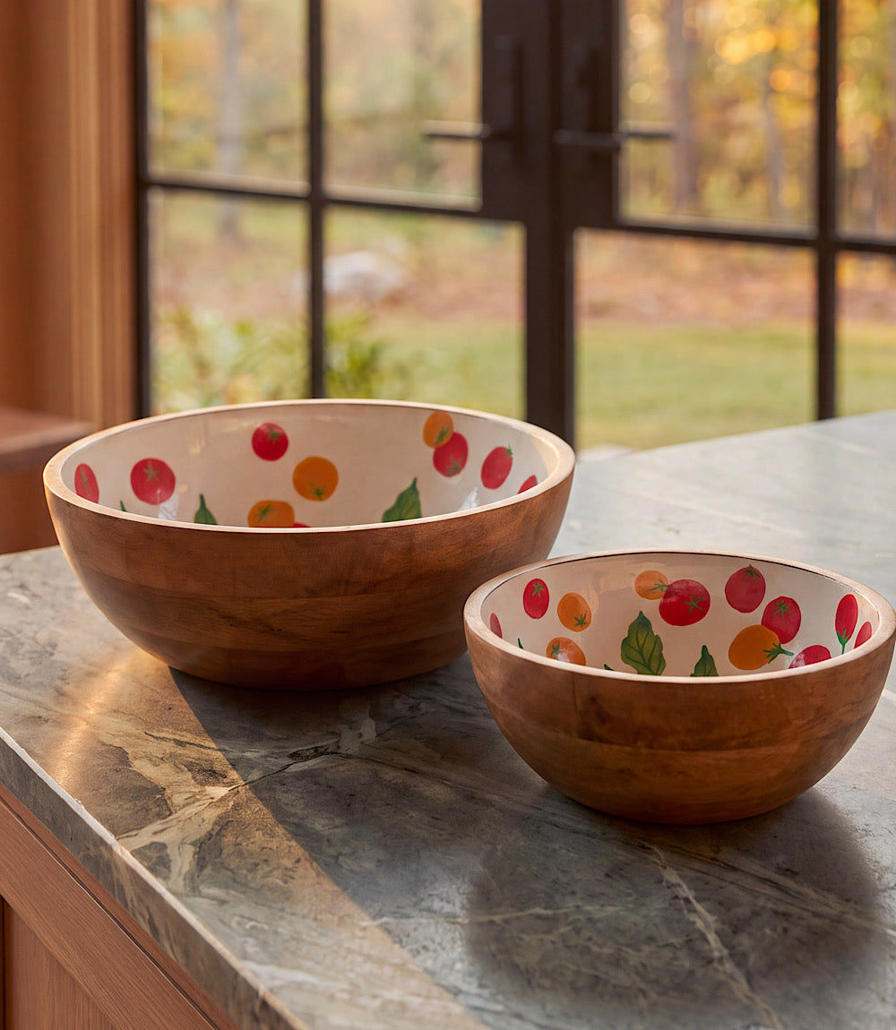 Wooden Enamel Tomato Print Serving Bowls, Set Of 2