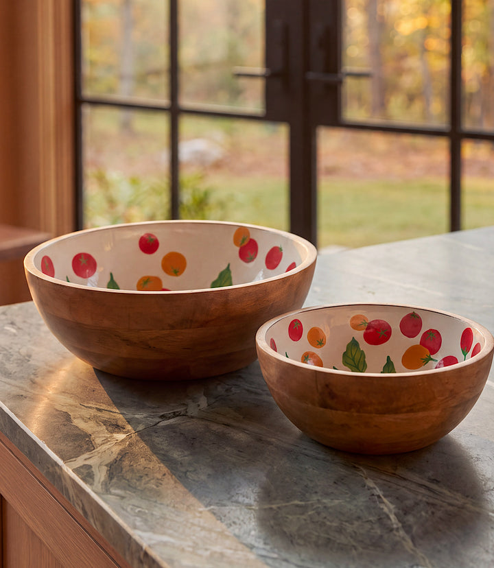 Wooden Enamel Tomato Print Serving Bowls, Set Of 2
