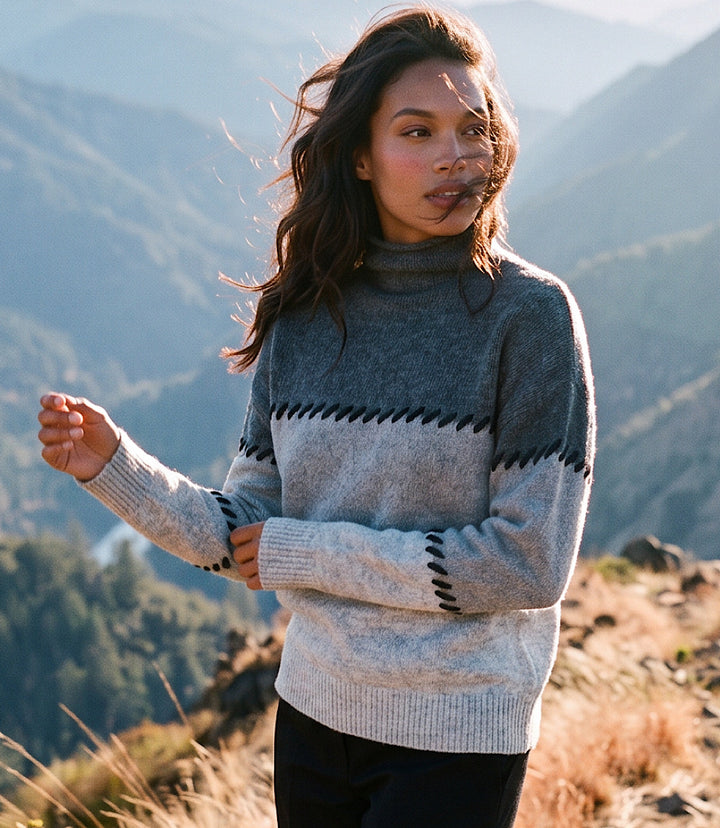 Contrast Stitch Mock Neck Colorblock Sweater