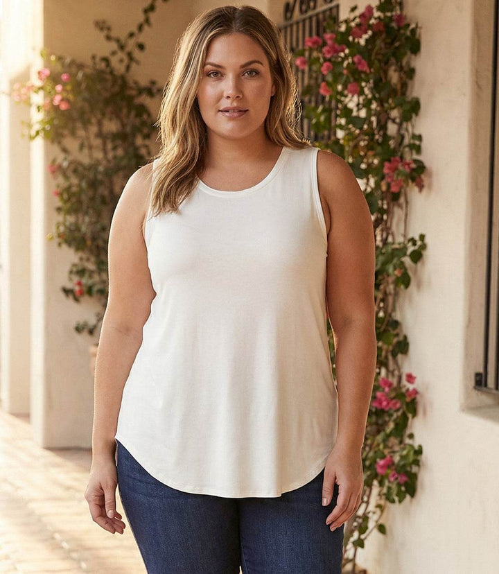 Plus Size Shirttail Tank in soft French terry with relaxed fit and shirttail hem