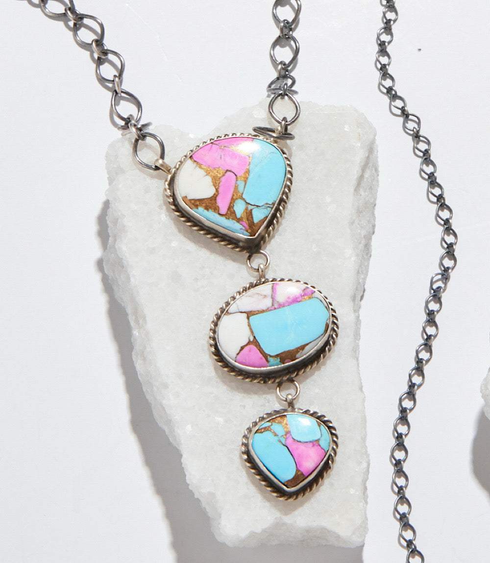 Cotton Candy Turquoise triple drop necklace with pastel pink, blue, and white turquoise mosaic inlays in sterling silver rope-edge setting on link chain