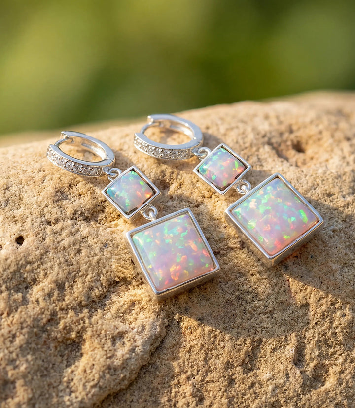 Square Opal Huggie Earrings