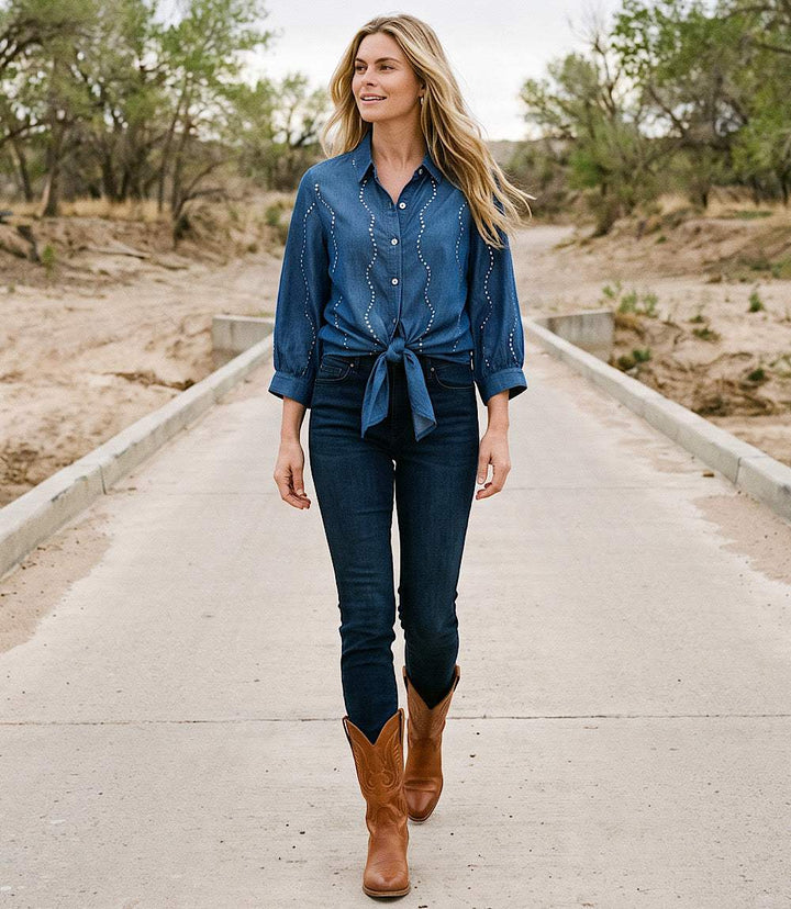 Blouson Sleeve Gemstone Denim Shirt