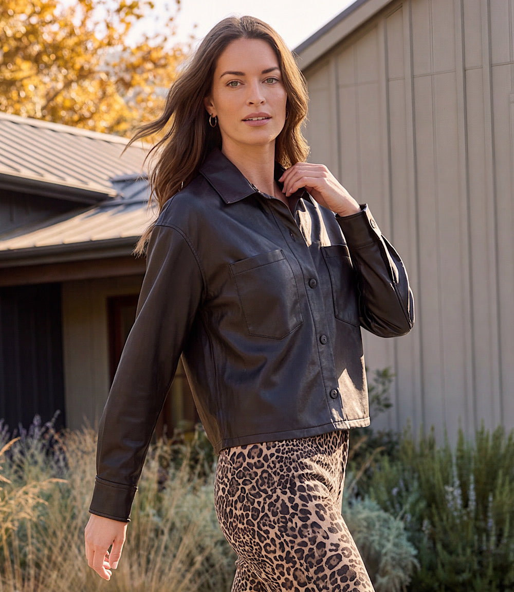 Faux Leather Long Sleeve Button-Up Shirt