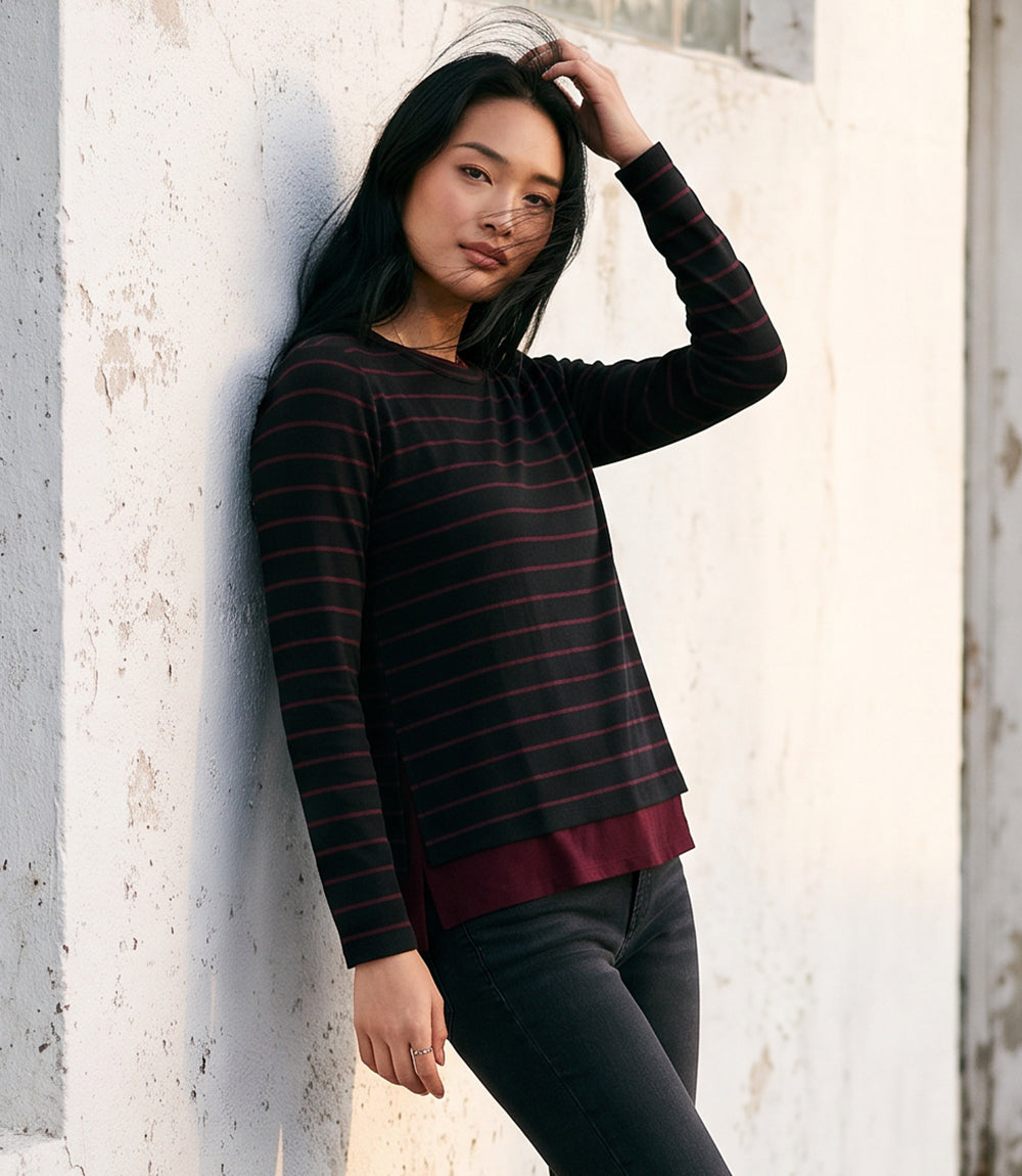 Long Sleeve Stripe Double Layer Side-Slit Top