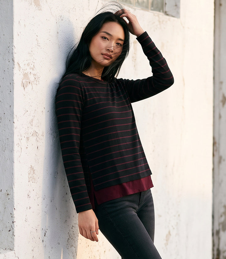 Long Sleeve Stripe Double Layer Side-Slit Top